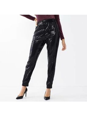 NWT Nine West Black Sequin Mid Rise Joggers, Pull On and Tapered Ankle, Pockets